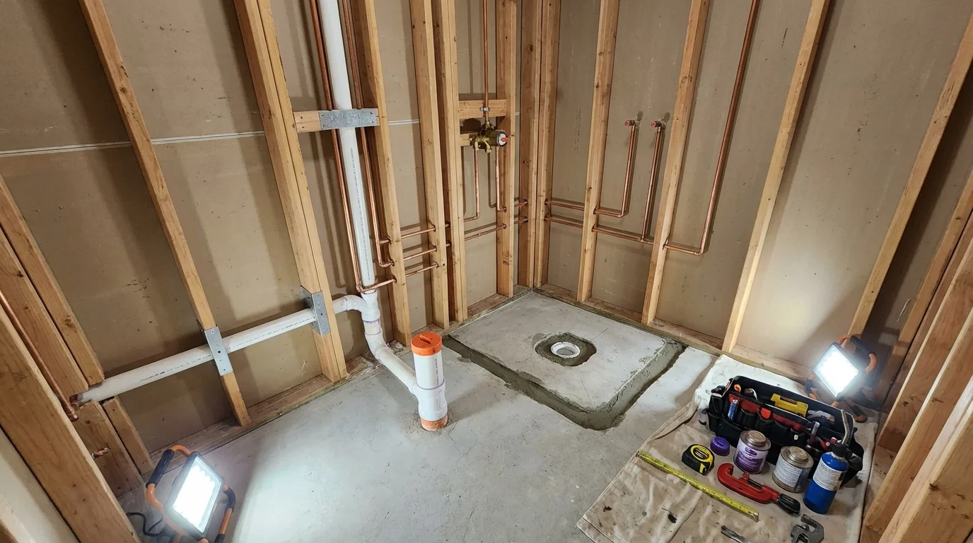 Bathroom rough-in plumbing during remodel by Johns Plumbing LLC in Republic