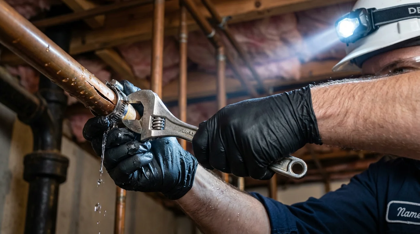 Emergency pipe clamp repair being performed by a Johns Plumbing LLC plumber in Republic