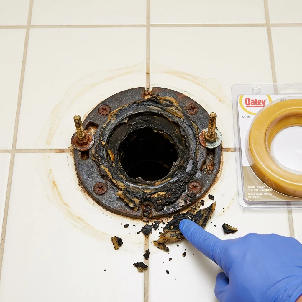 Failed wax ring showing water seepage at the base of a toilet in a Republic, WA home
