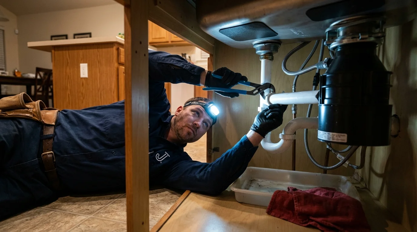 P-trap and supply line connections under a kitchen sink showing a common leak point in Republic, WA